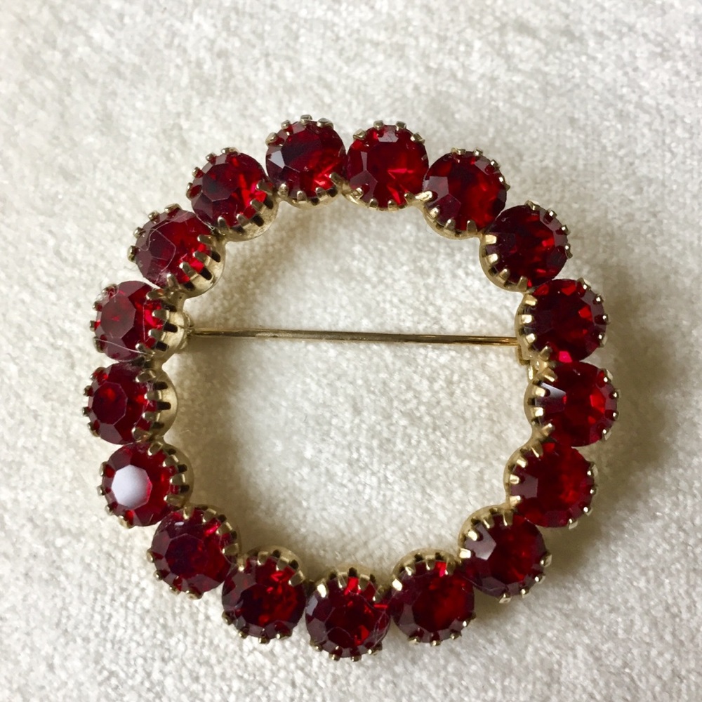 Vintage St Labre Signed Red Rhinestone Circle Pin